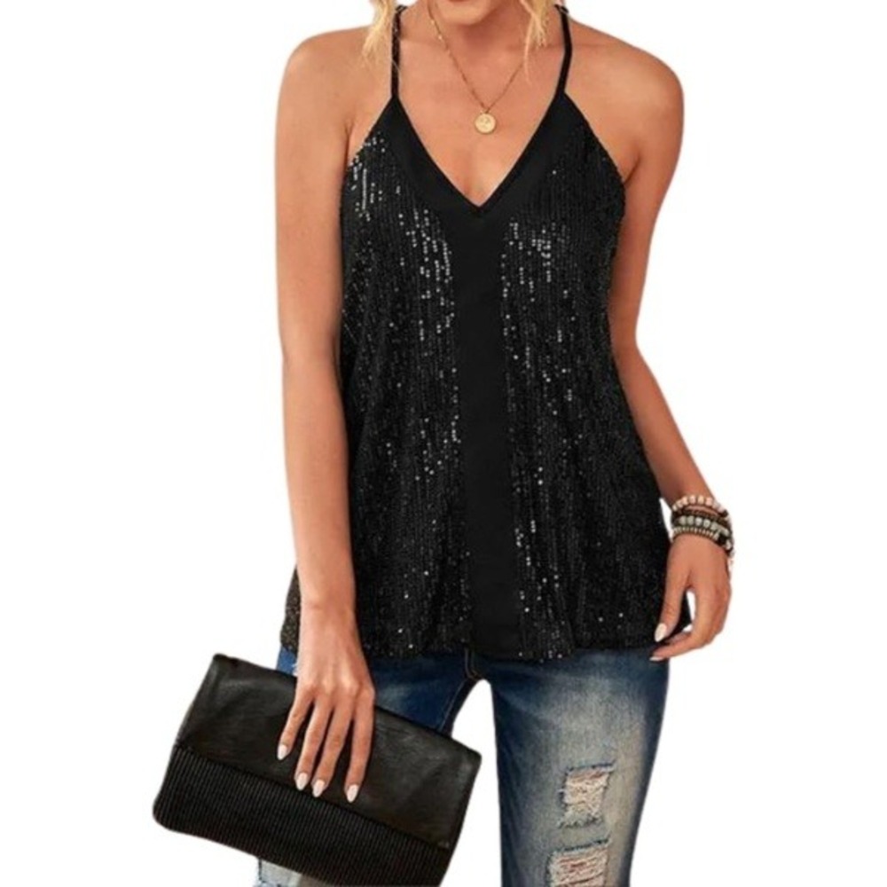 LAUSIE Black sequin‎ cami top | Party glam evening | Large